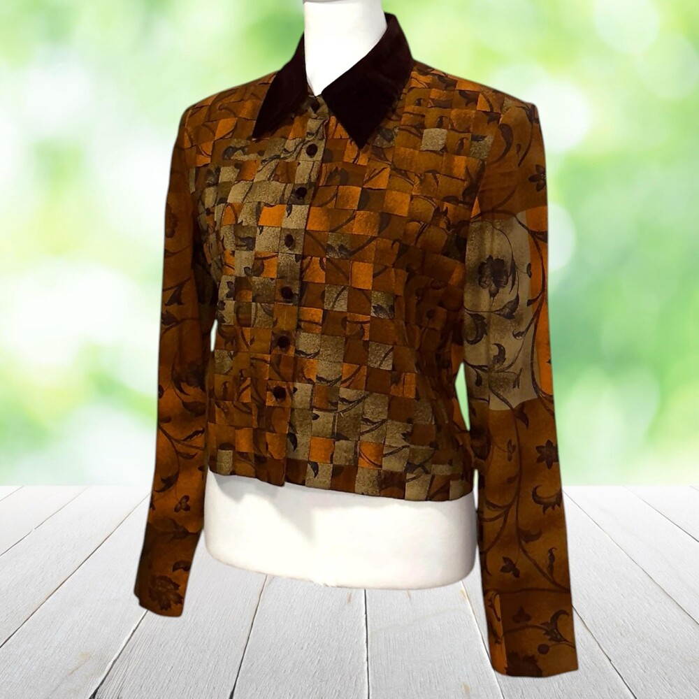 Vintage KARIN STEVENS Artwear Basket Woven Jacket Cropped Velvet Collar 80s Sz 6